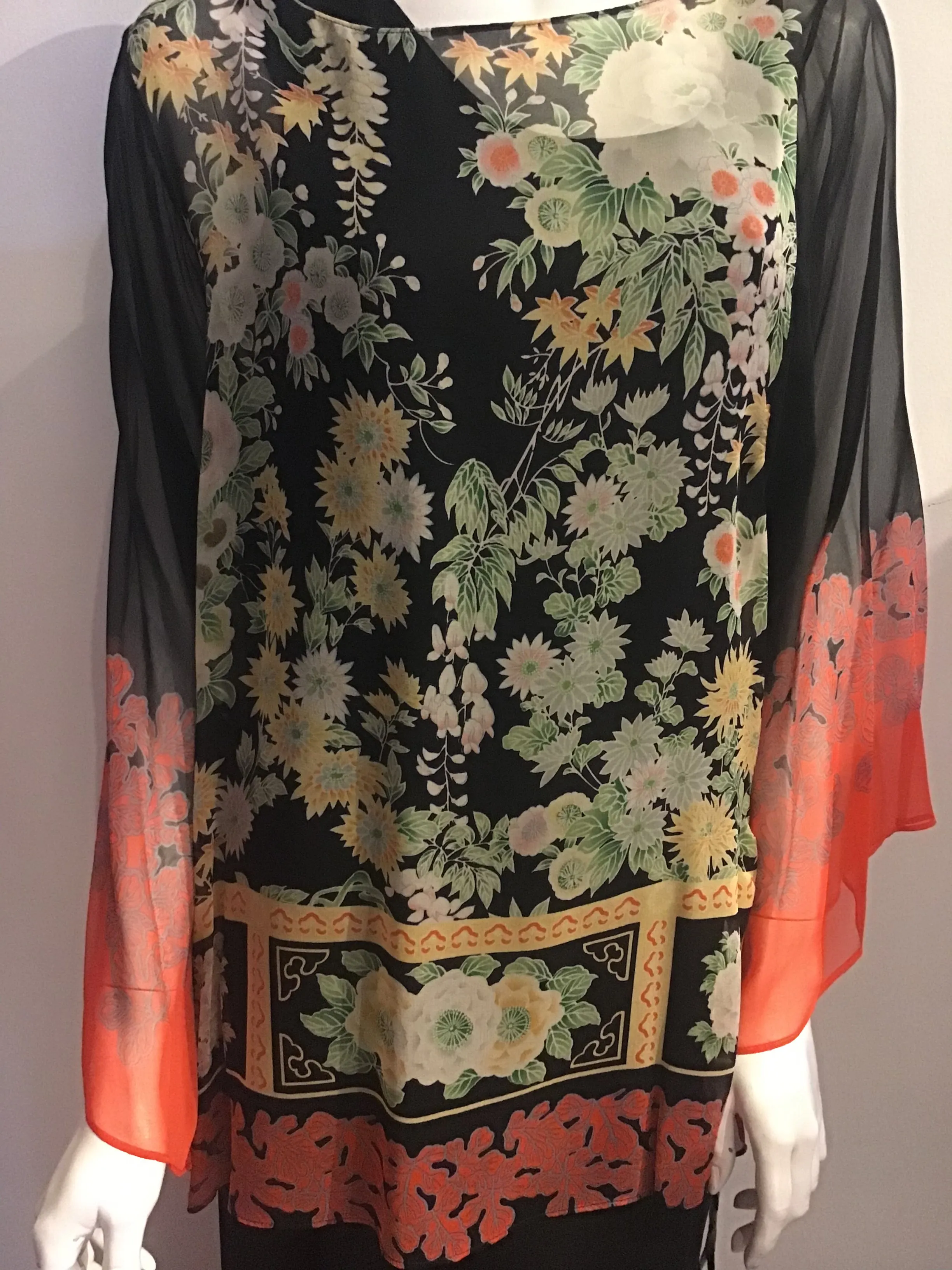 1970s Black, Orange,& Green Silk Chiffon Asian Inspired 2 piece Evening Gown size 6-8