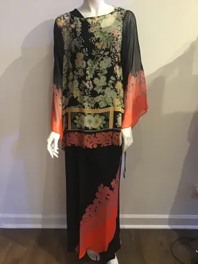 1970s Black, Orange,& Green Silk Chiffon Asian Inspired 2 piece Evening Gown size 6-8