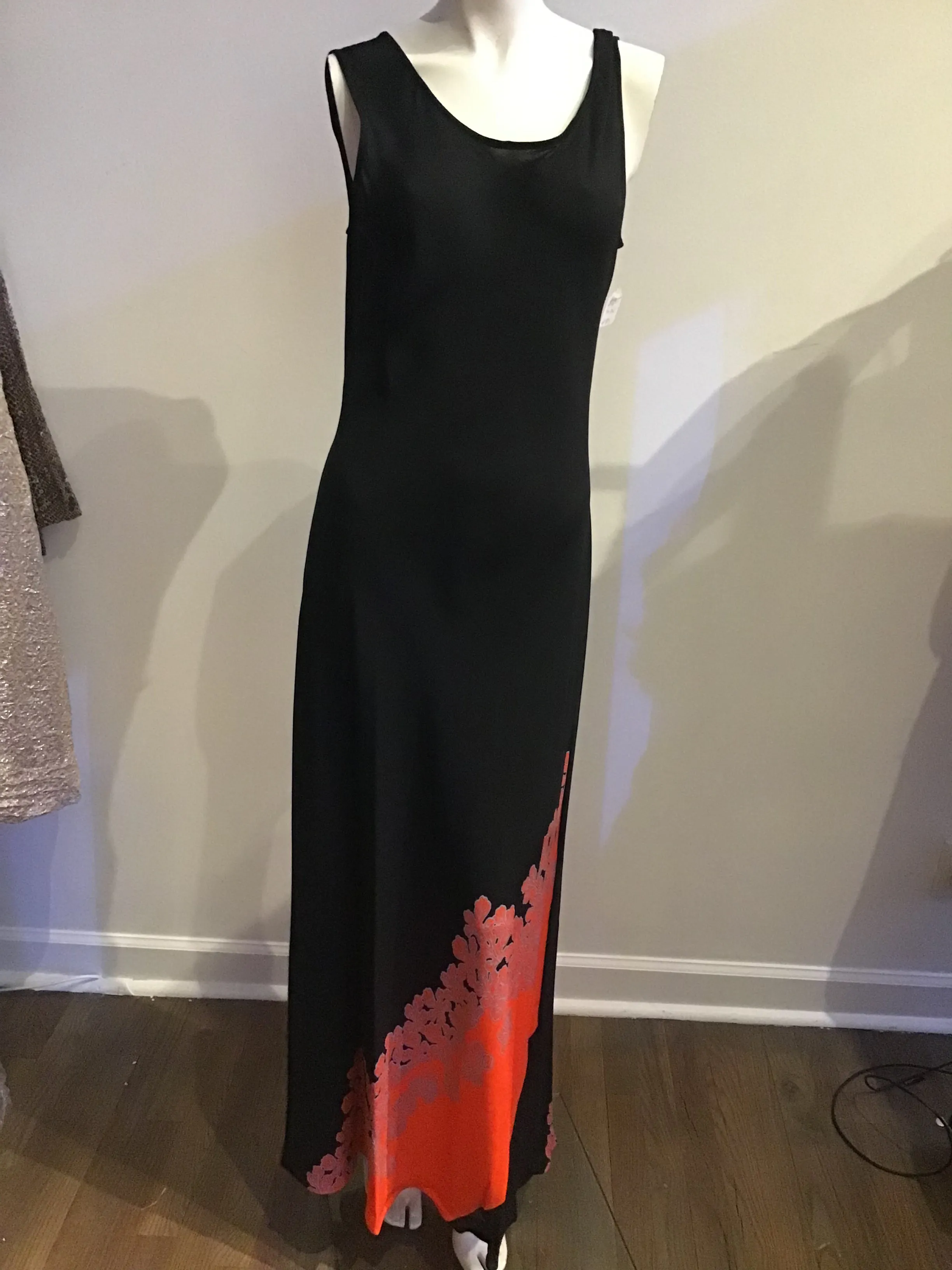 1970s Black, Orange,& Green Silk Chiffon Asian Inspired 2 piece Evening Gown size 6-8