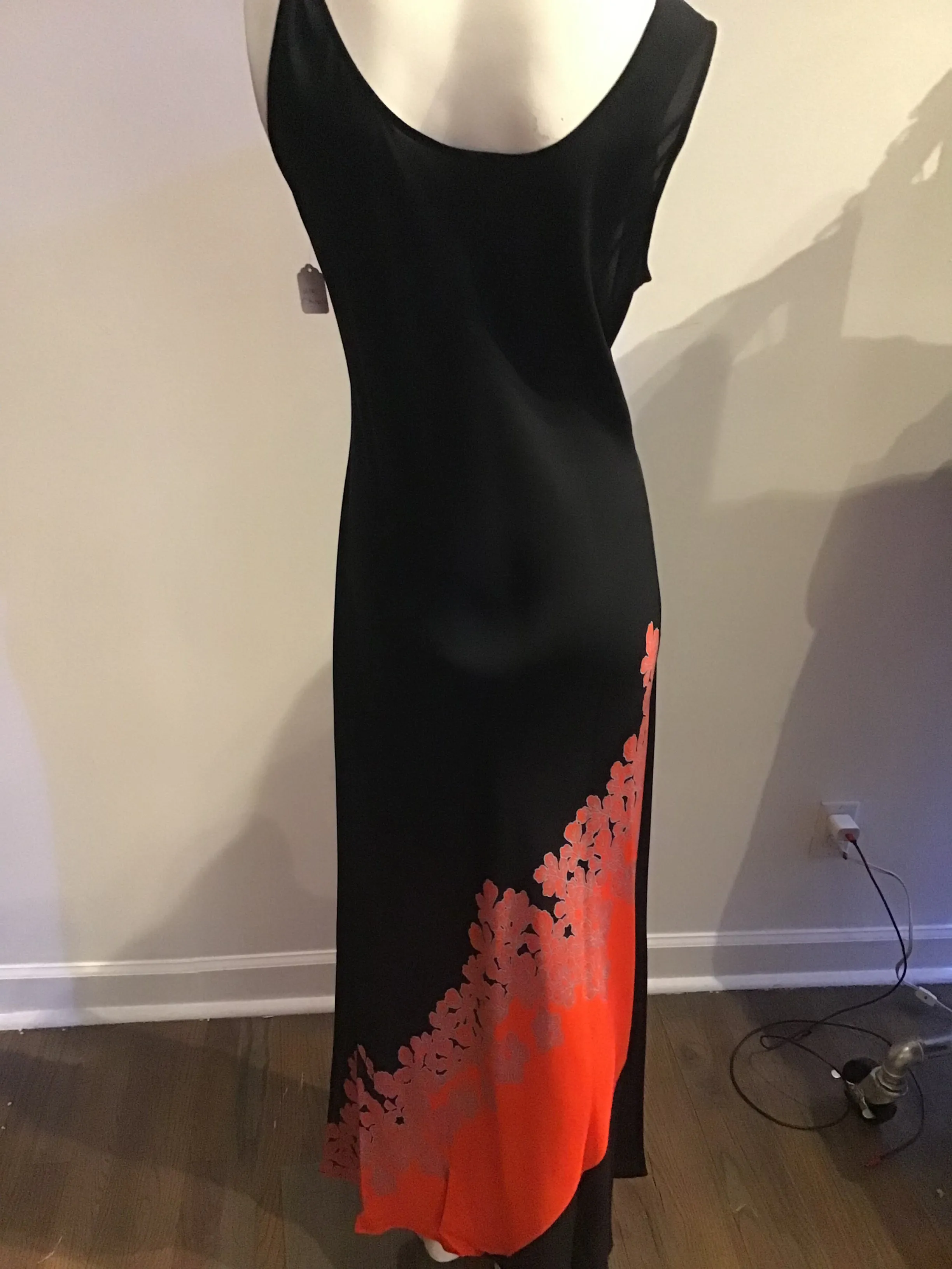1970s Black, Orange,& Green Silk Chiffon Asian Inspired 2 piece Evening Gown size 6-8