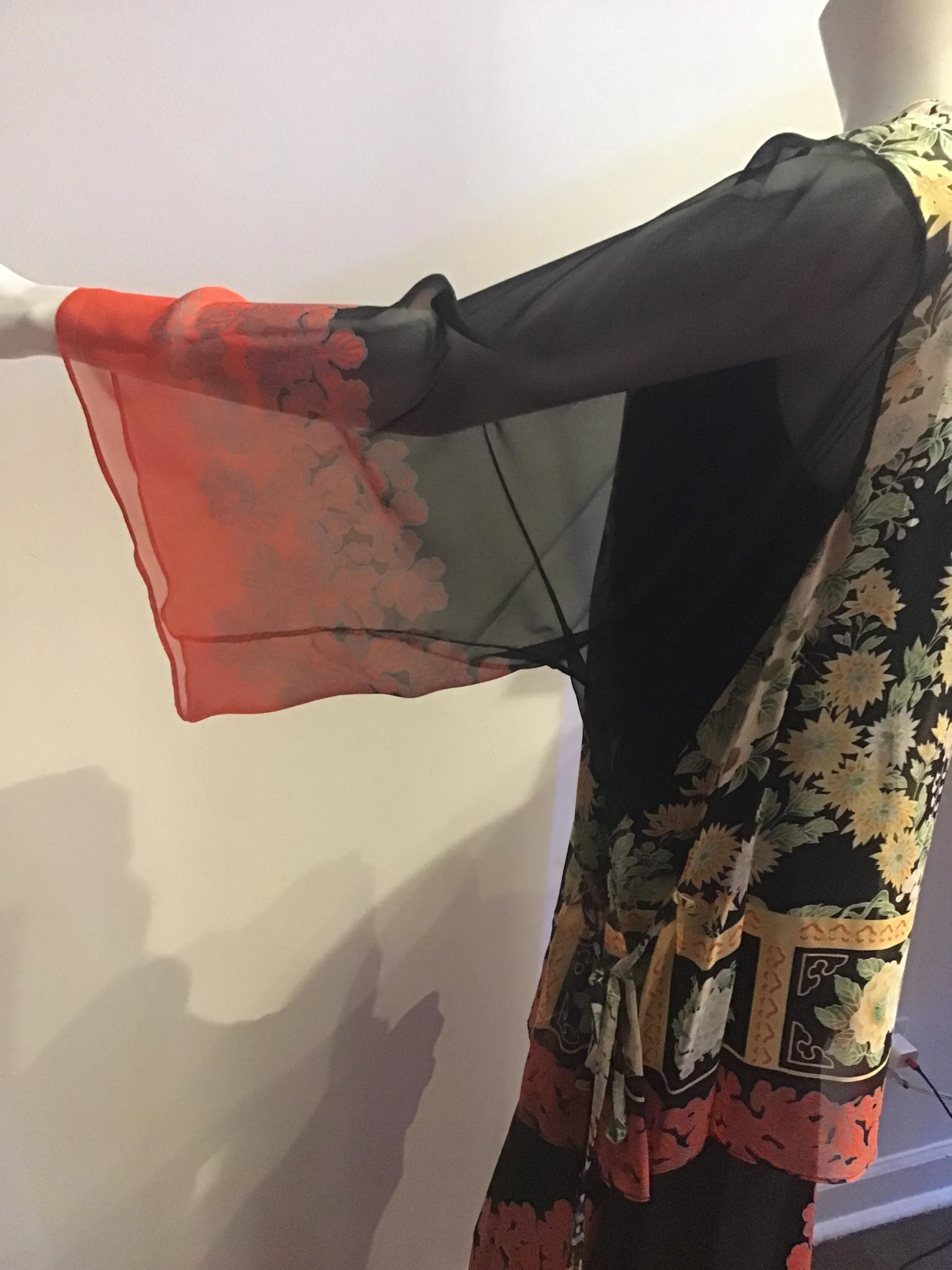 1970s Black, Orange,& Green Silk Chiffon Asian Inspired 2 piece Evening Gown size 6-8
