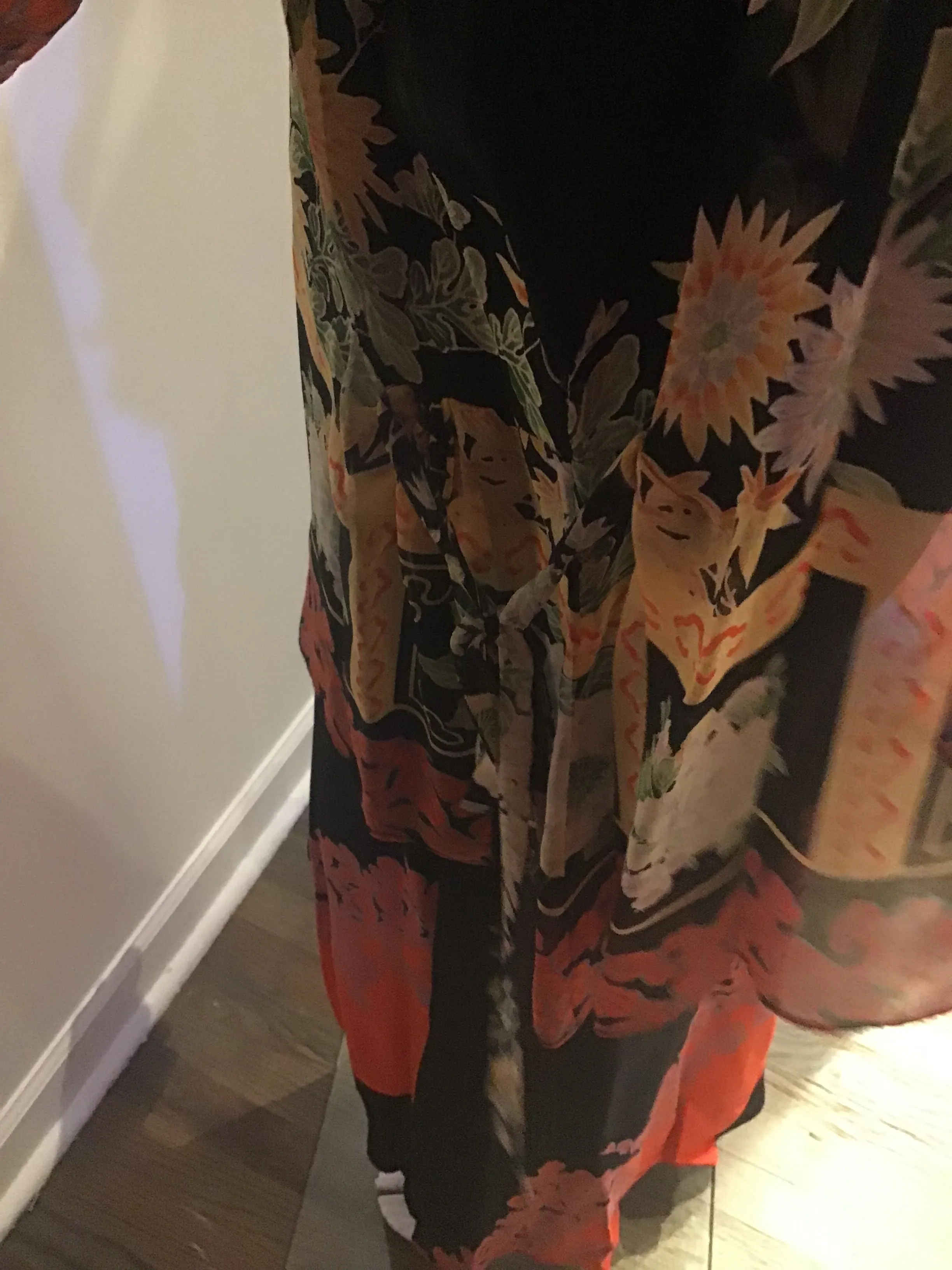 1970s Black, Orange,& Green Silk Chiffon Asian Inspired 2 piece Evening Gown size 6-8