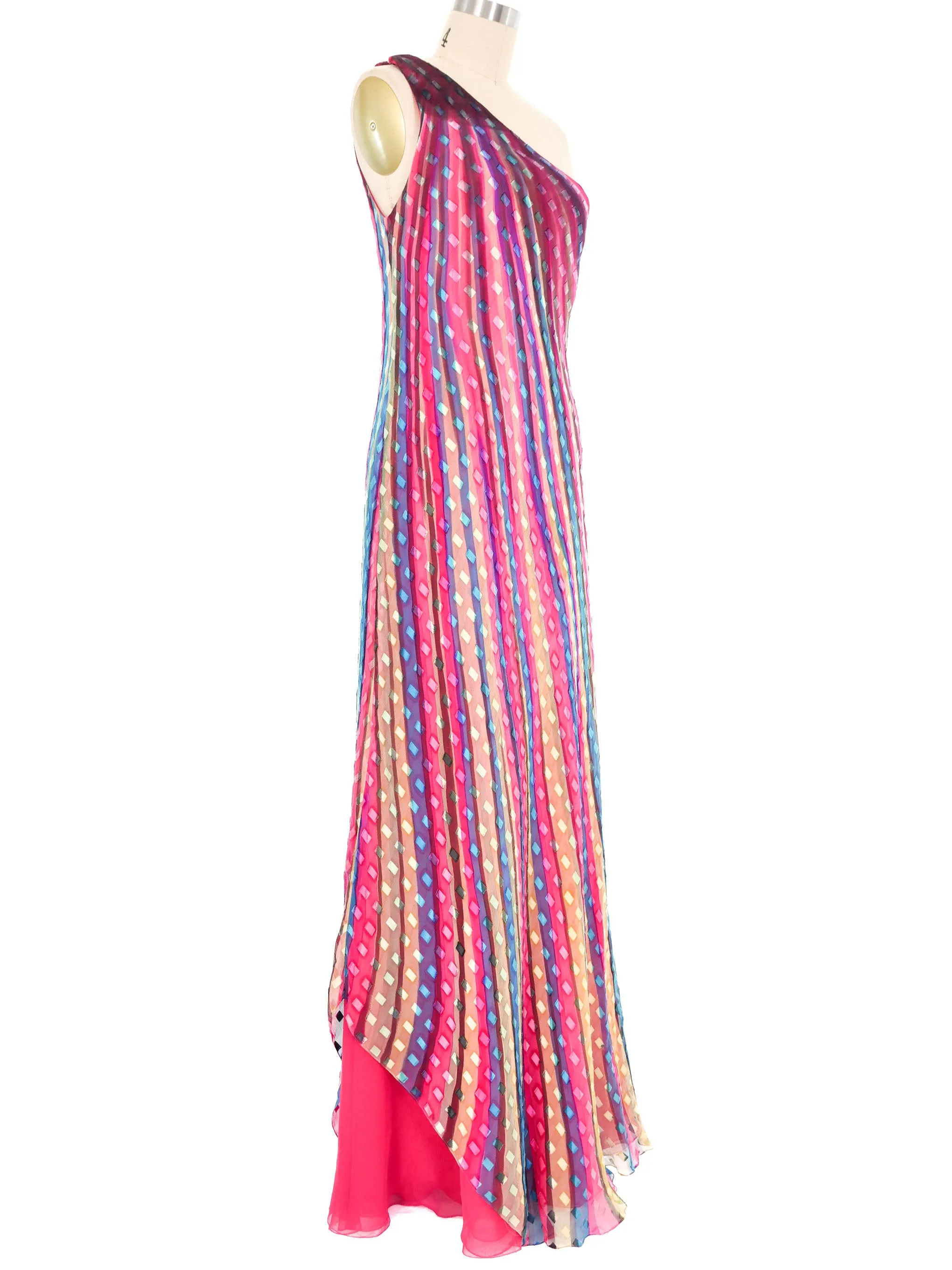 1970s Ruben Panis Candy Striped Silk Chiffon Gown