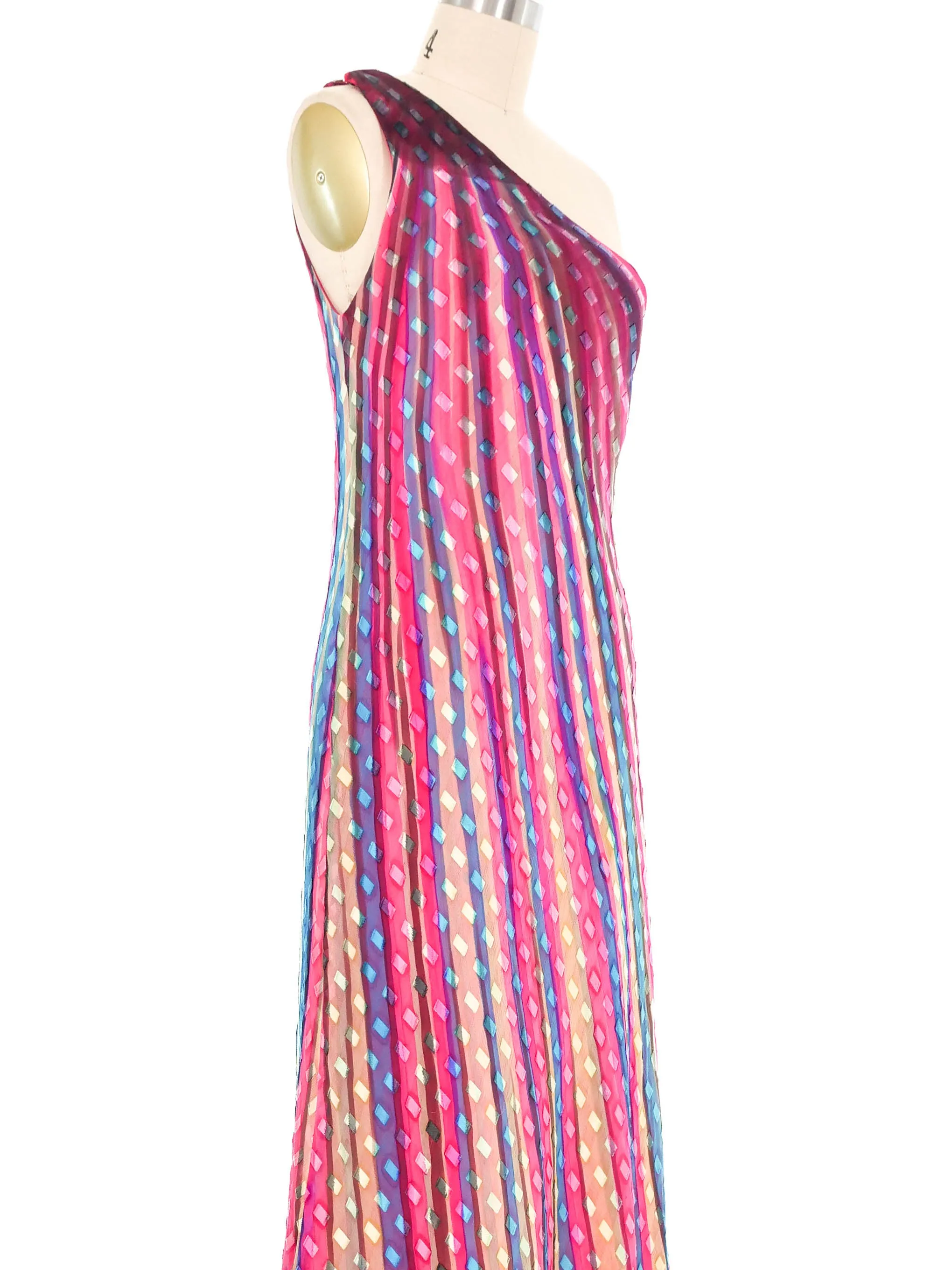 1970s Ruben Panis Candy Striped Silk Chiffon Gown