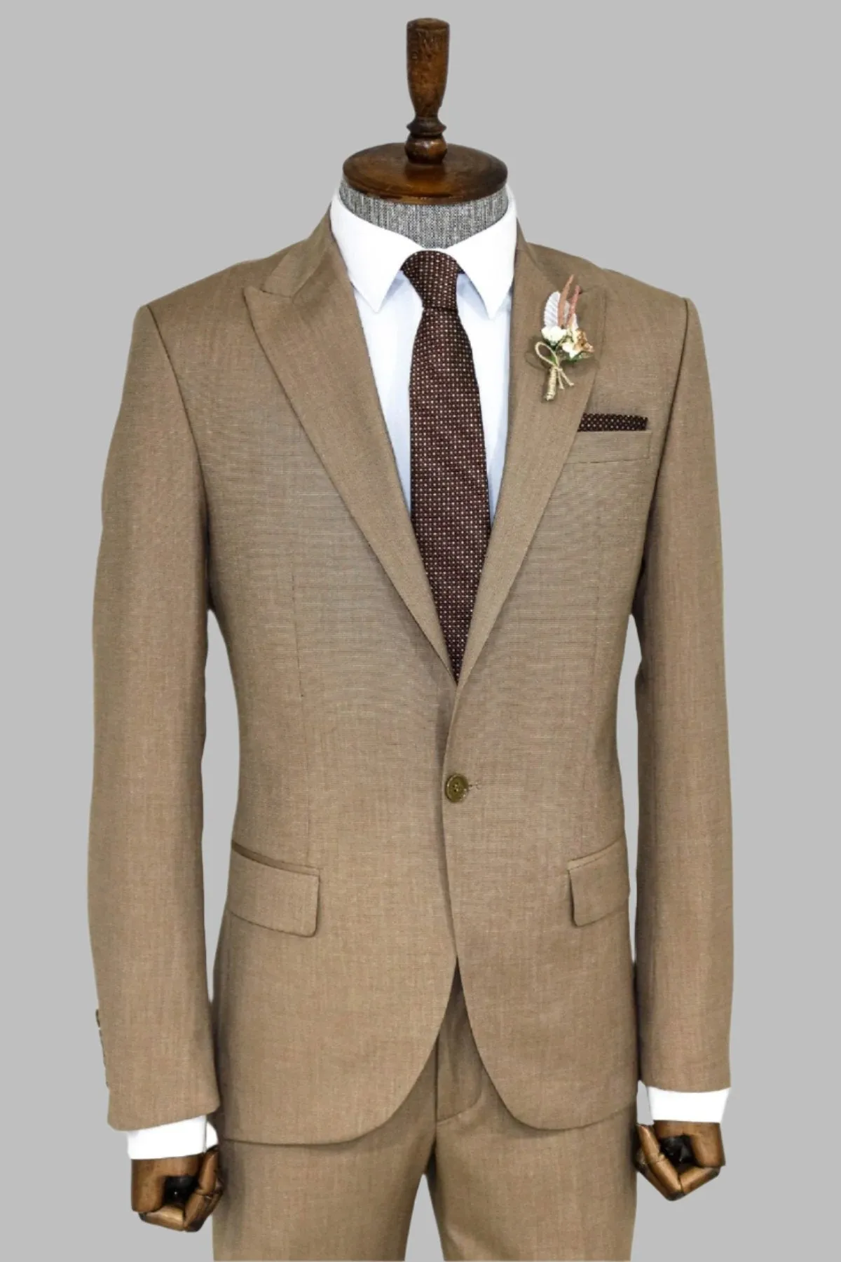 2 Piece Patterned Slim Fit Dark Beige Men Suit - Wessi
