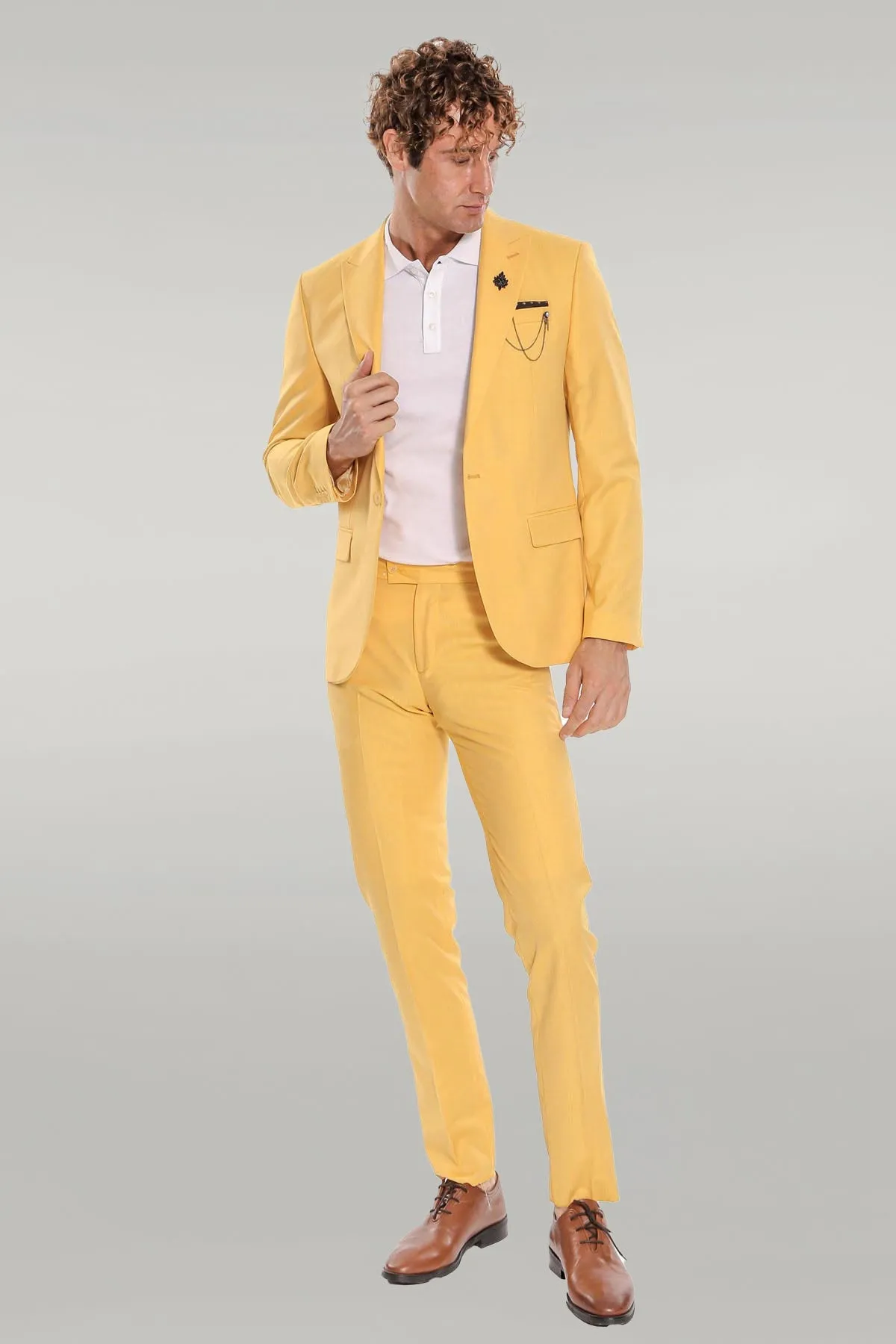 2 Piece Patterned Slim Fit Yellow Men Suit - Wessi