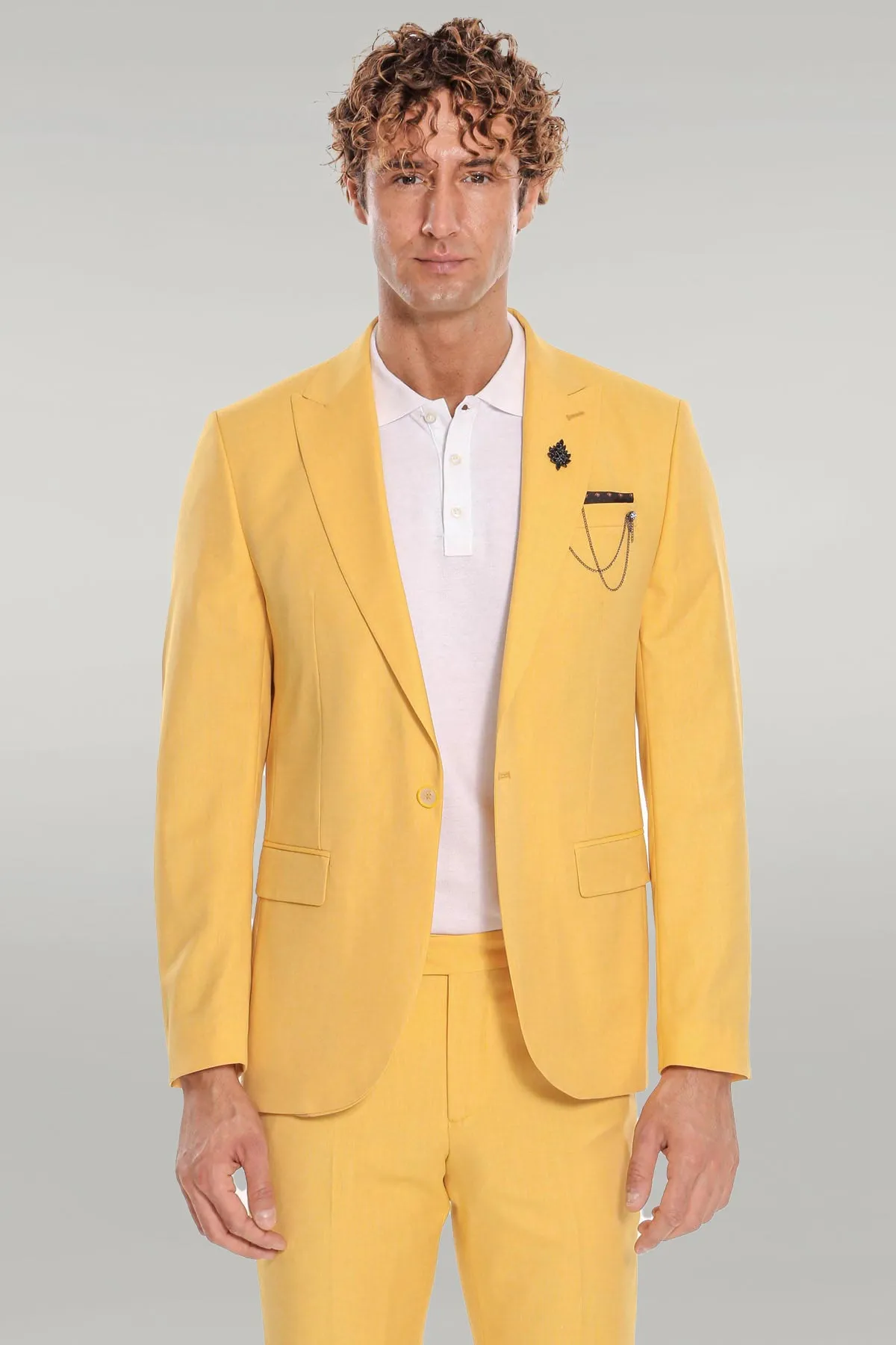2 Piece Patterned Slim Fit Yellow Men Suit - Wessi