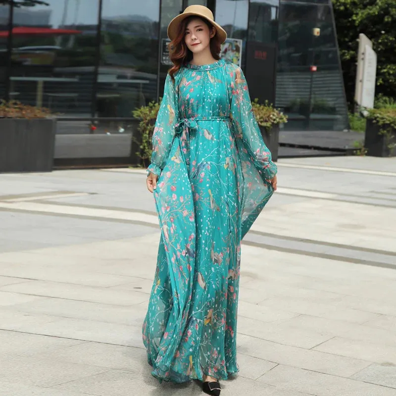 2023 New Arrives Chiffon Long Sleeve Floral Print Dress Boho Plus Size Women Beach Party Garden Maxi Dress Elegant Vestidos Robe