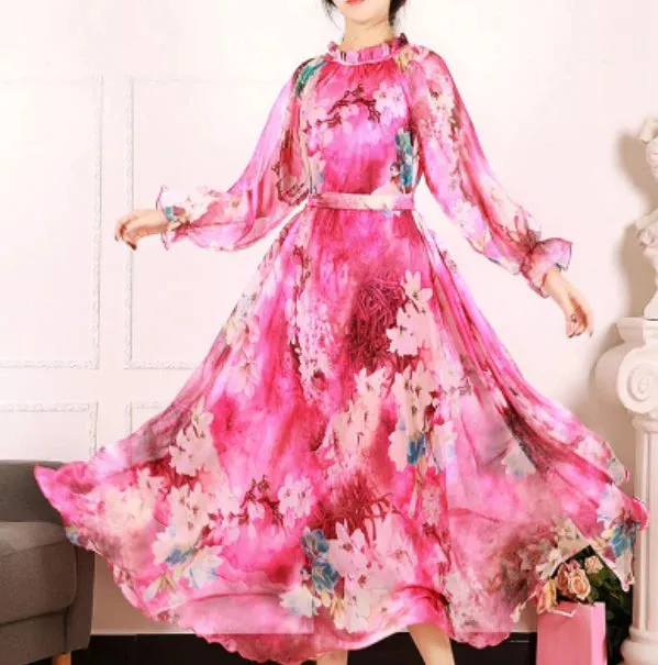 2023 New Arrives Chiffon Long Sleeve Floral Print Dress Boho Plus Size Women Beach Party Garden Maxi Dress Elegant Vestidos Robe
