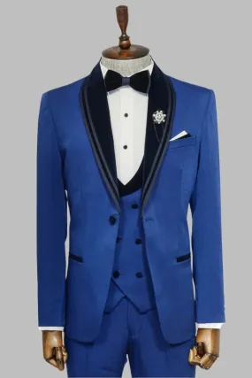 3 Piece Trim Detailed Self-Patterned Velvet Shawl Collar Royal Blue Men's Tuxedo - Wessi