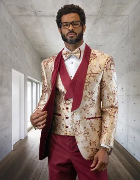 3pc Blush Shawl Lapel Tuxedo Fancy Jacket And Vest With Solid Color Pants Including Bow Tie| DELANO| Burgundy