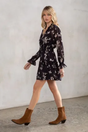 Autumn Long Sleeve Floral Print Mini Dress Black