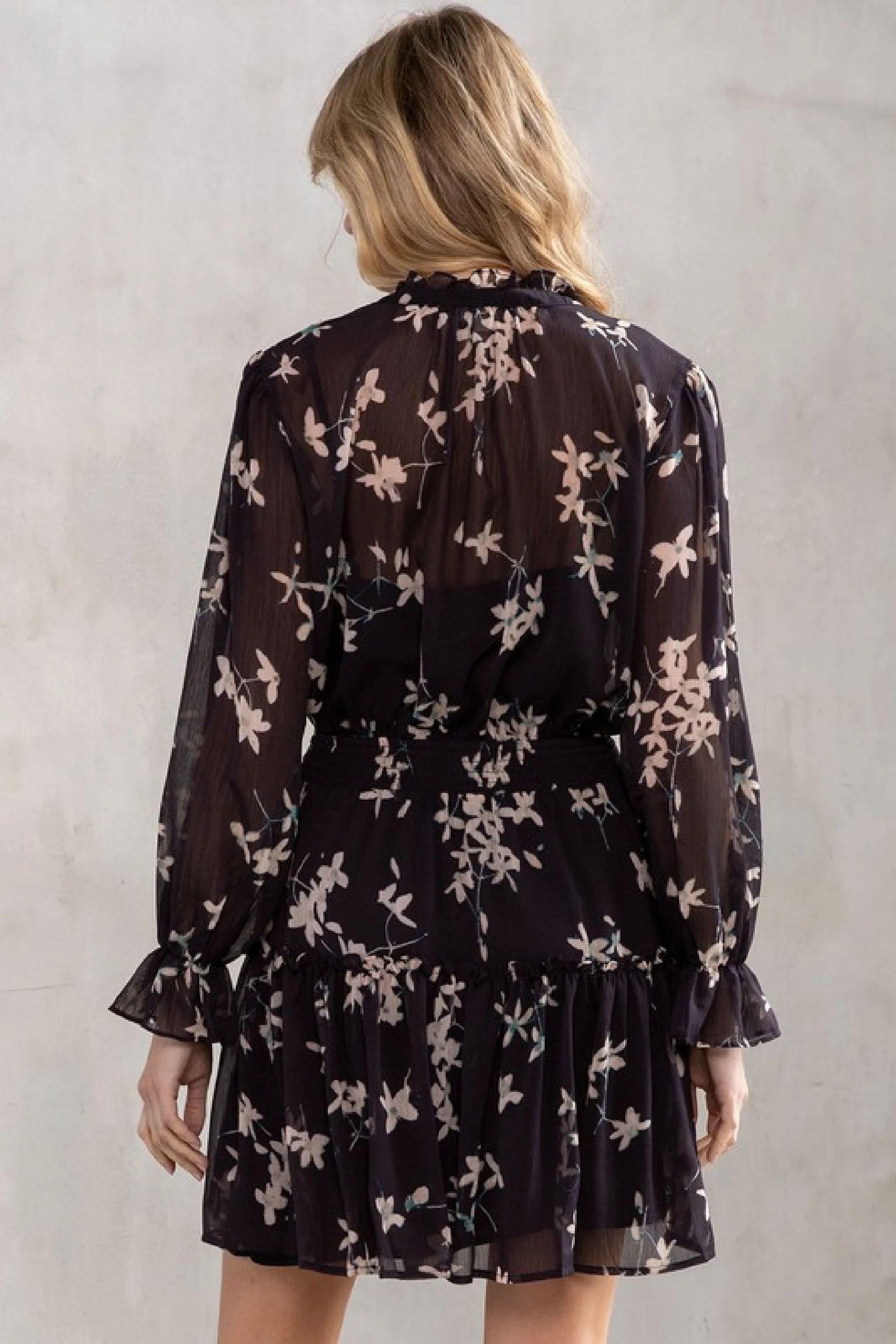 Autumn Long Sleeve Floral Print Mini Dress Black
