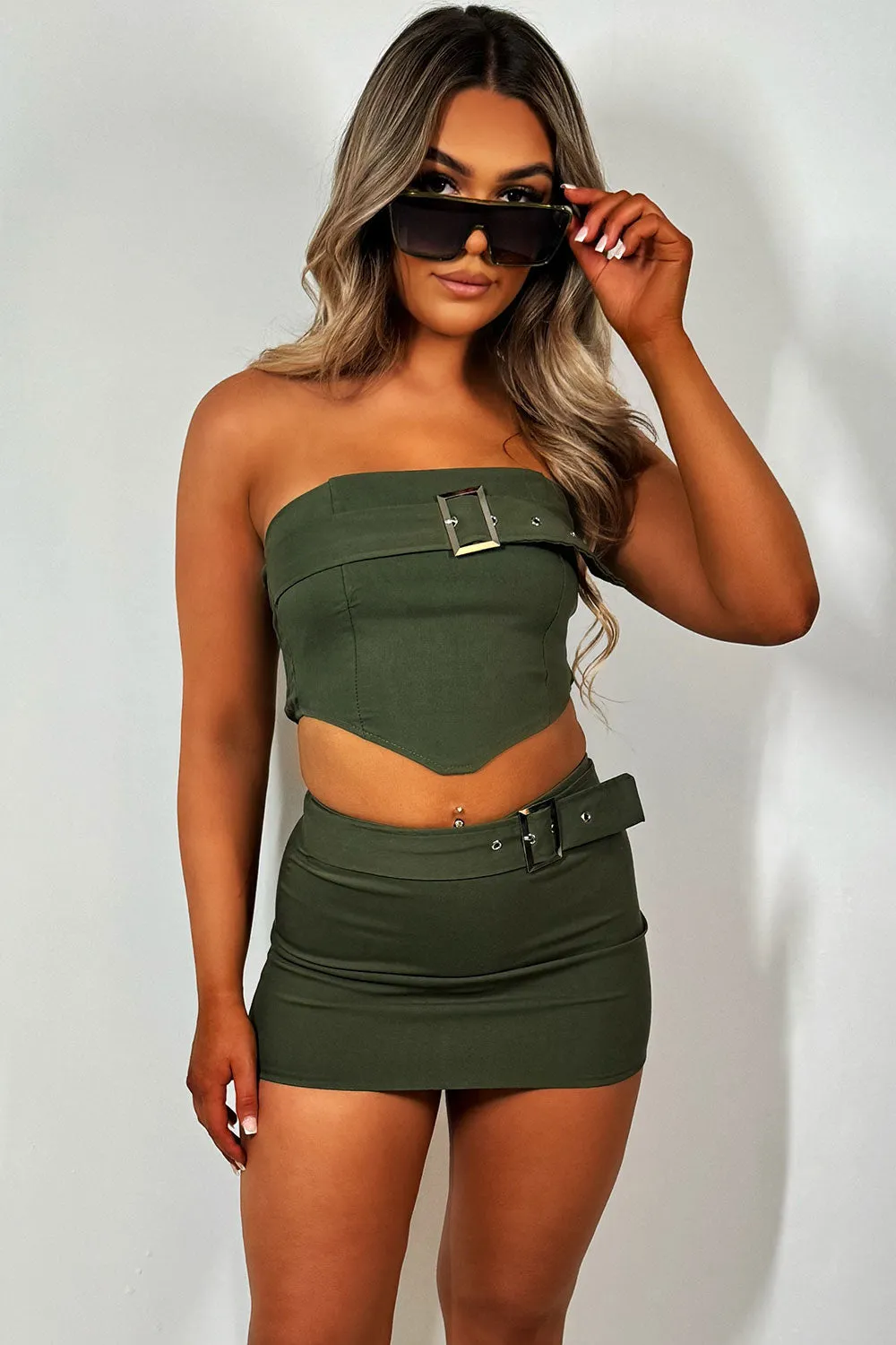 Bandeau Corset Top And Mini Cargo Skirt Set Khaki
