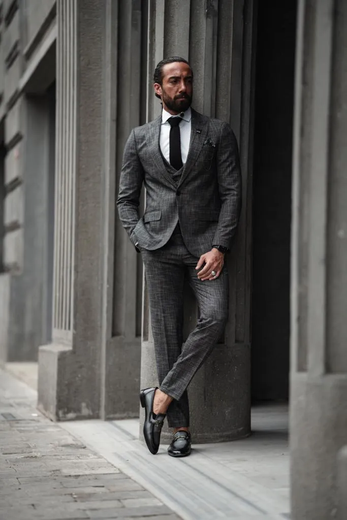 Bari Gray Patterned Slim Fit Suit