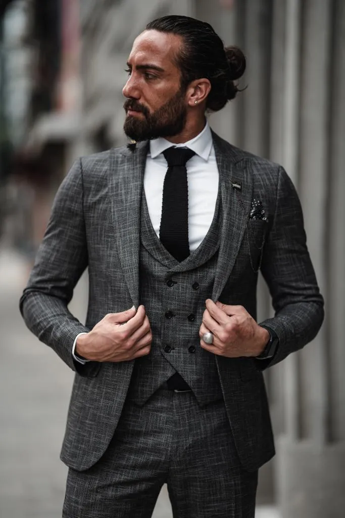 Bari Gray Patterned Slim Fit Suit