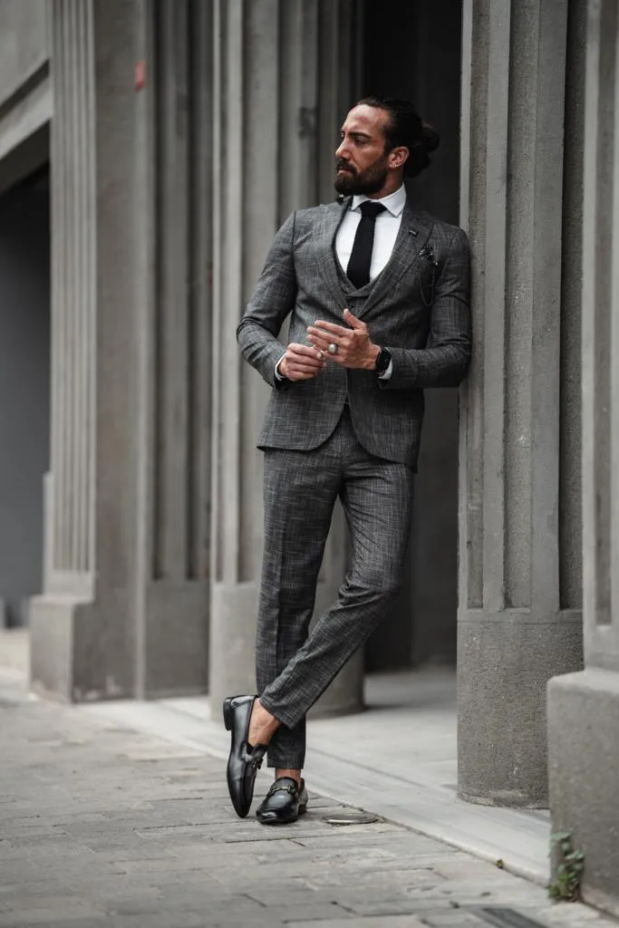 Bari Gray Patterned Slim Fit Suit