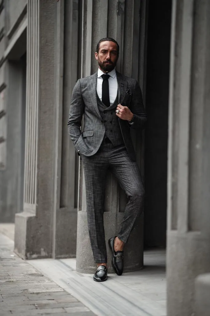 Bari Gray Patterned Slim Fit Suit