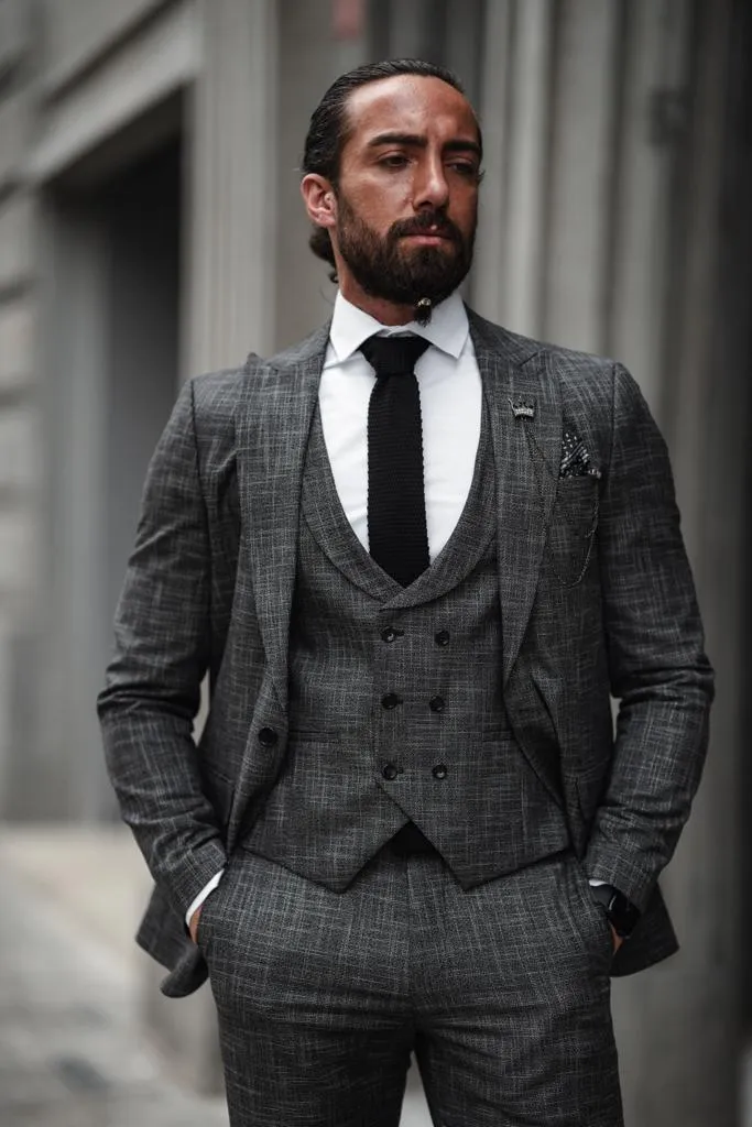Bari Gray Patterned Slim Fit Suit