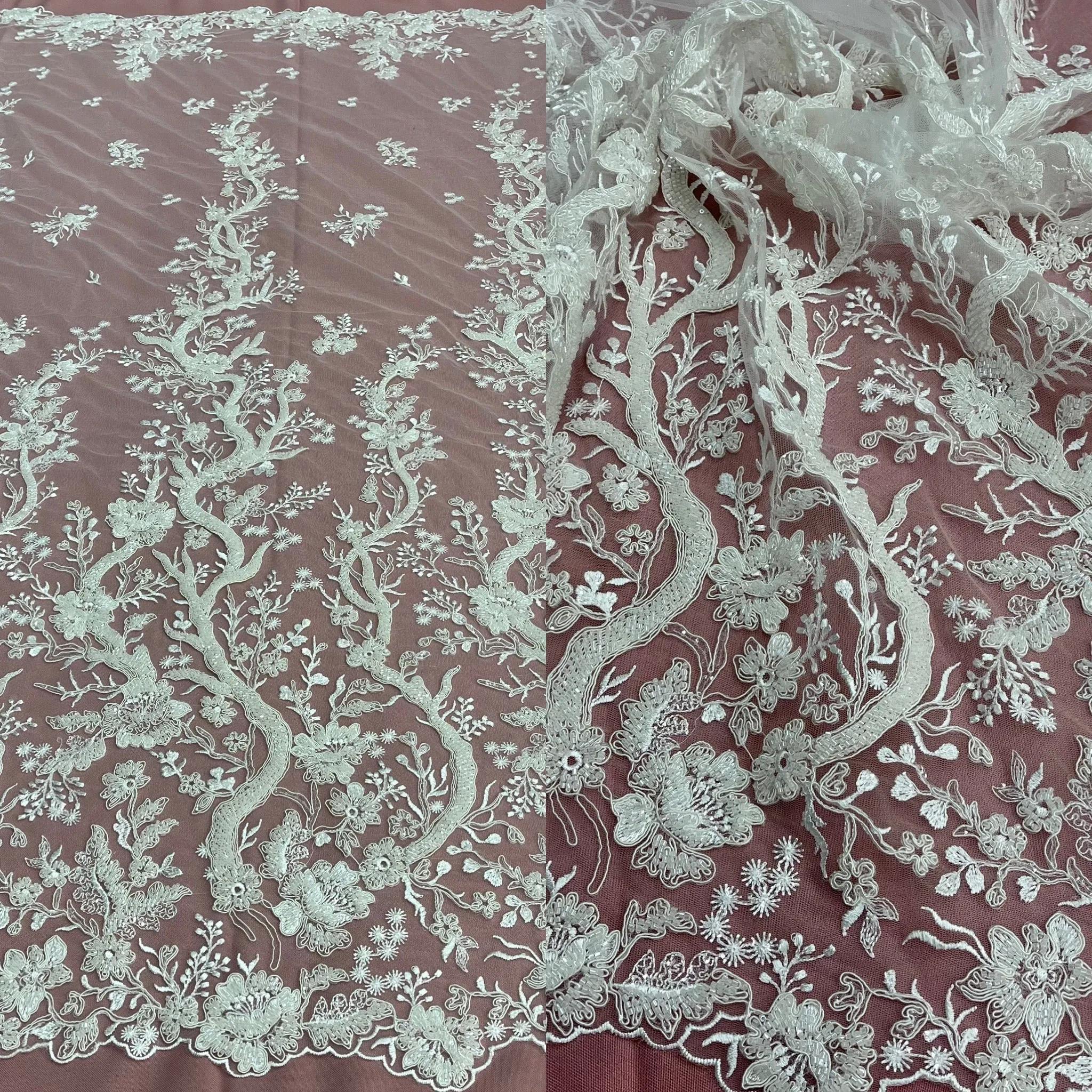 Beaded & Corded Bridal Lace Fabric Embroidered on 100% Polyester Net Mesh | Lace USA - GD-12267