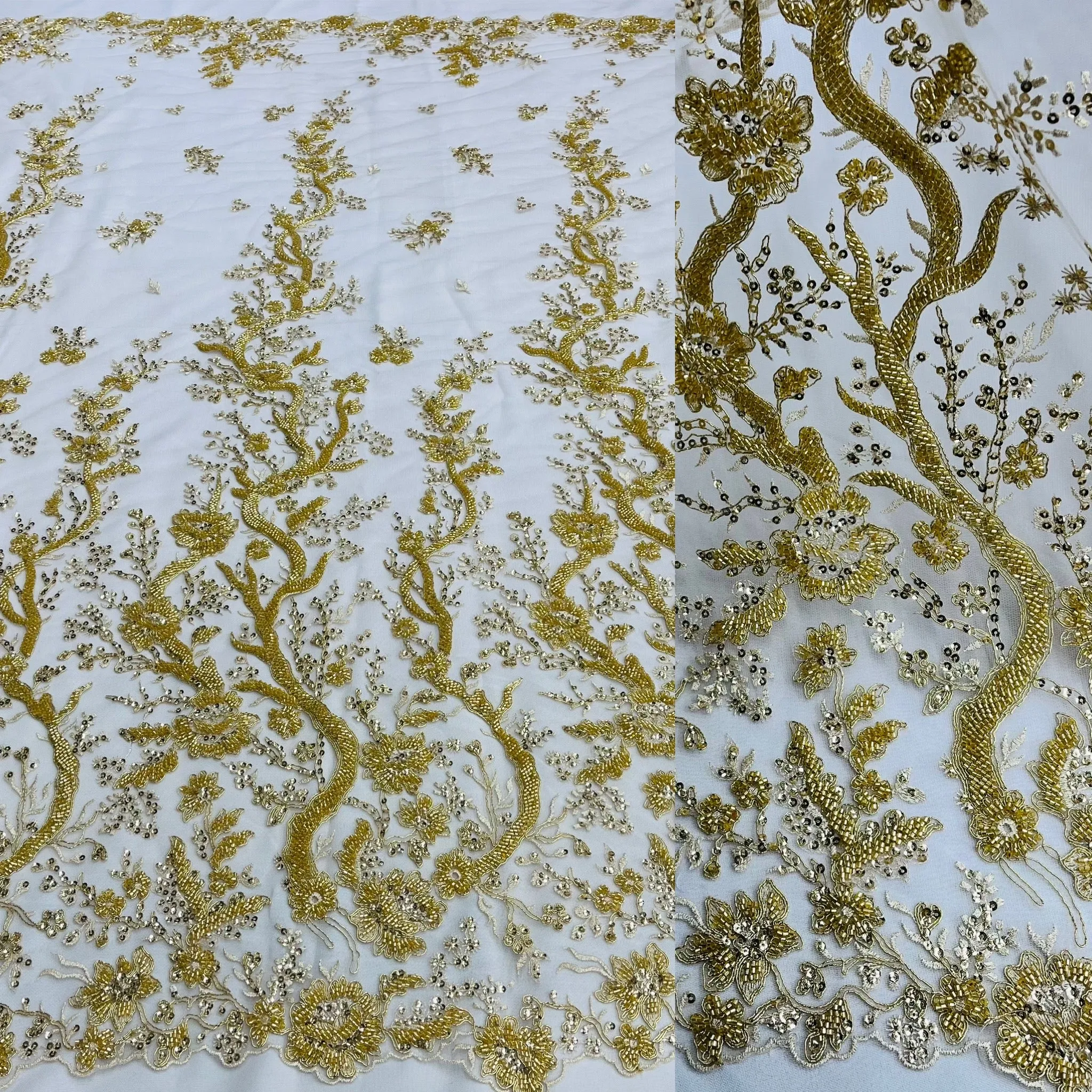 Beaded & Corded Bridal Lace Fabric Embroidered on 100% Polyester Net Mesh | Lace USA - GD-12267