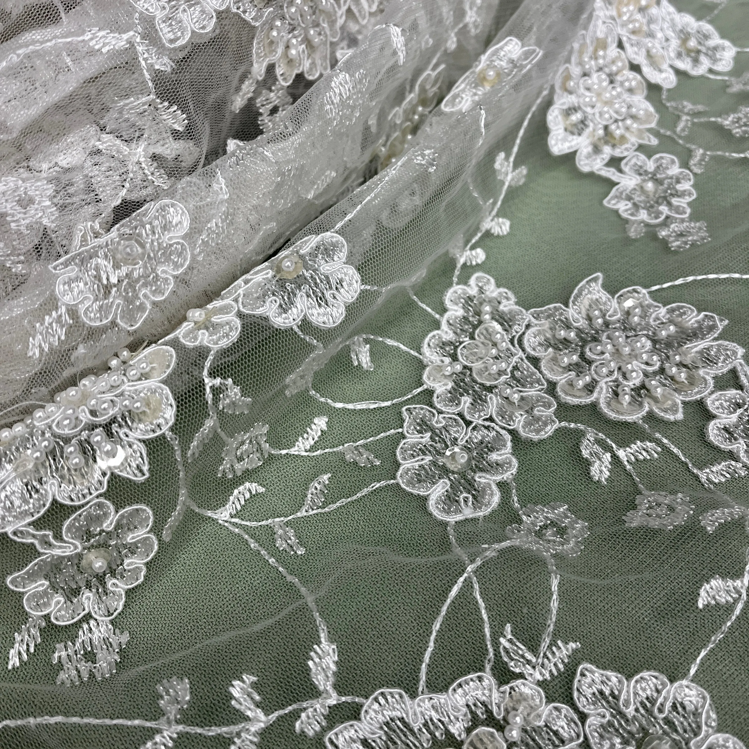 Beaded & Corded Lace Fabric Embroidered on 100% Polyester Net Mesh | Lace USA - 96935W-BP