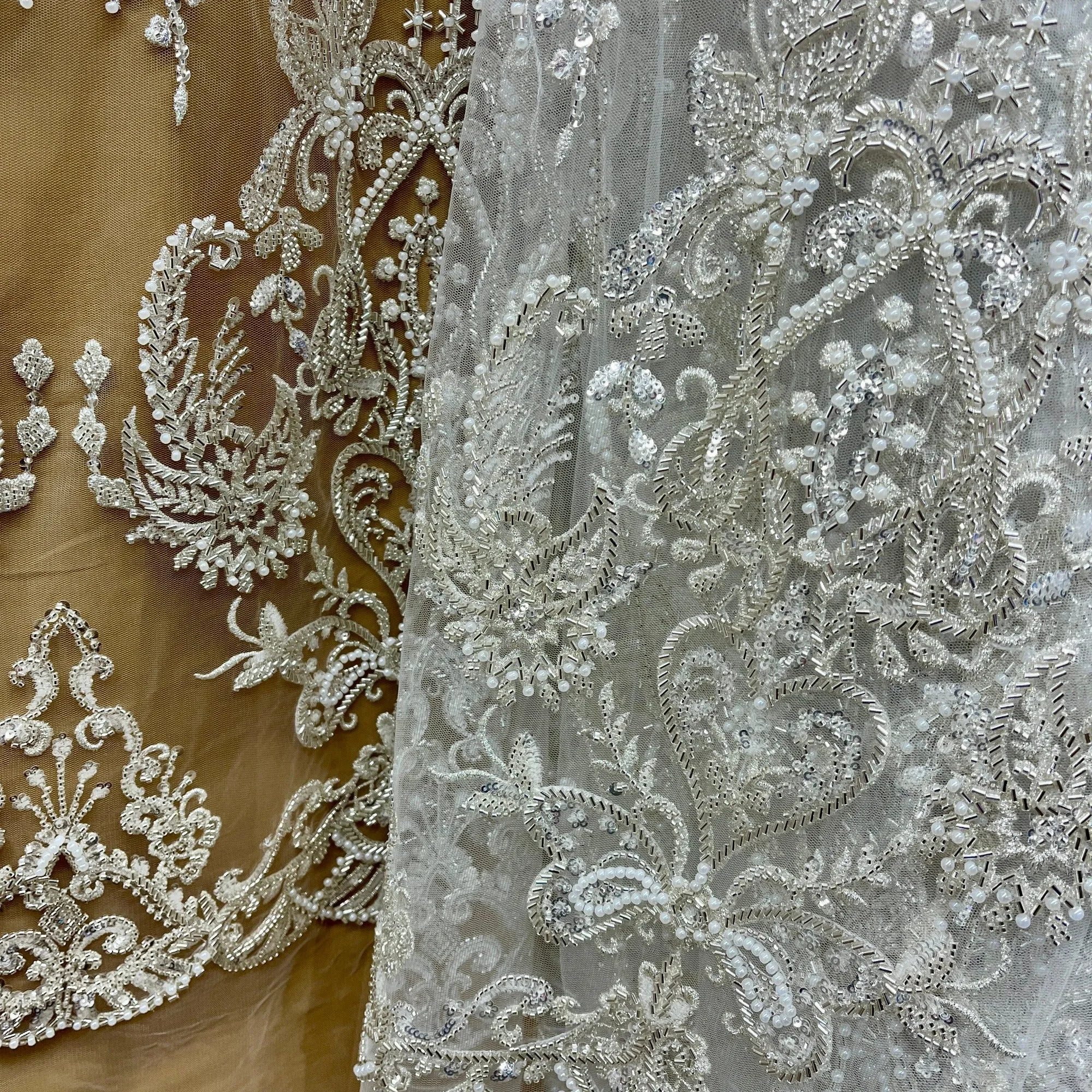 Beaded Lace Fabric Embroidered on 100% Polyester Net Mesh | Lace USA - GD-237189