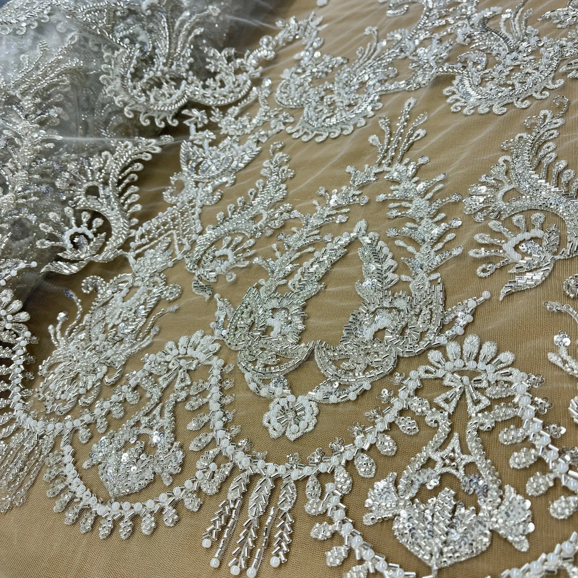 Beaded Lace Fabric Embroidered on 100% Polyester Net Mesh | Lace USA - GD-237189