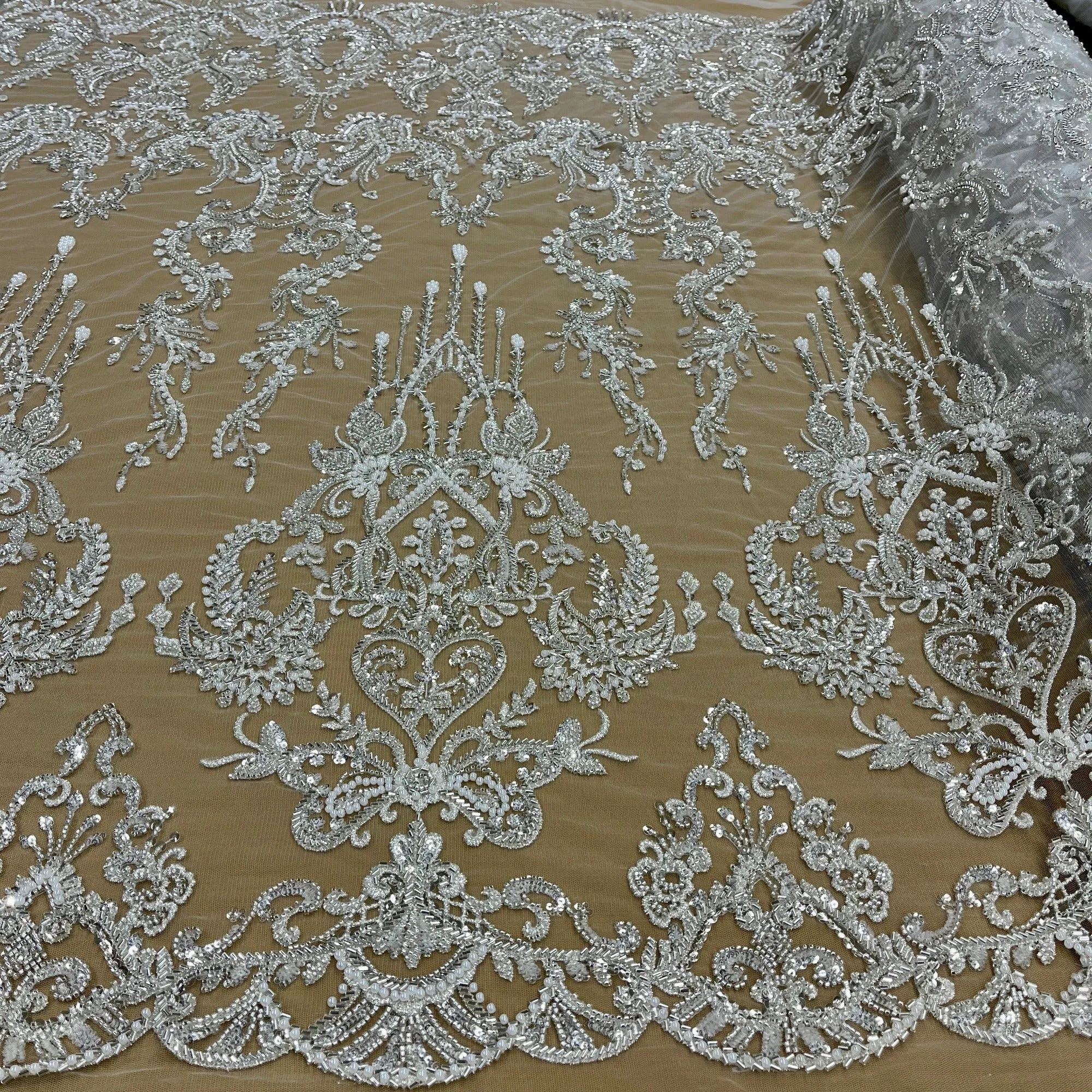 Beaded Lace Fabric Embroidered on 100% Polyester Net Mesh | Lace USA - GD-237189