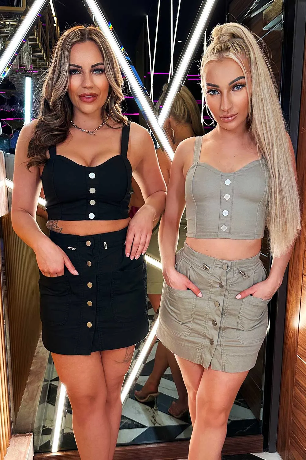 Beige Denim Cargo Skirt With Button Detail
