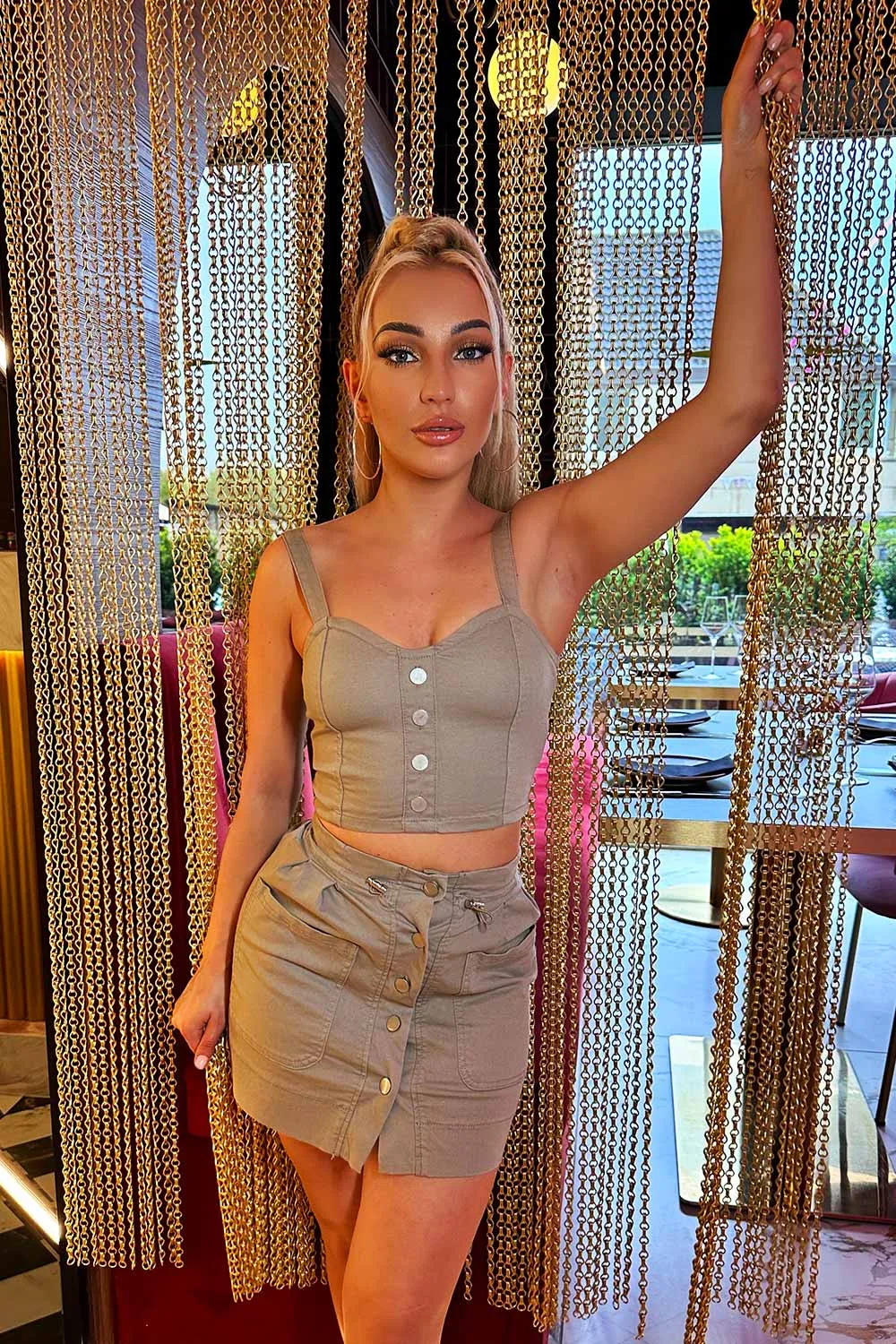 Beige Denim Cargo Skirt With Button Detail