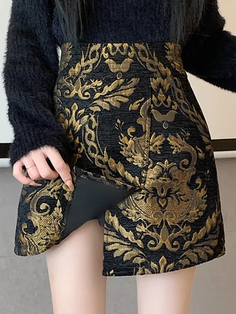 Black Golden Printed Bodycon Mini Skirt