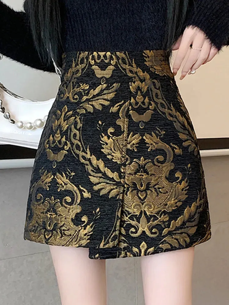 Black Golden Printed Bodycon Mini Skirt