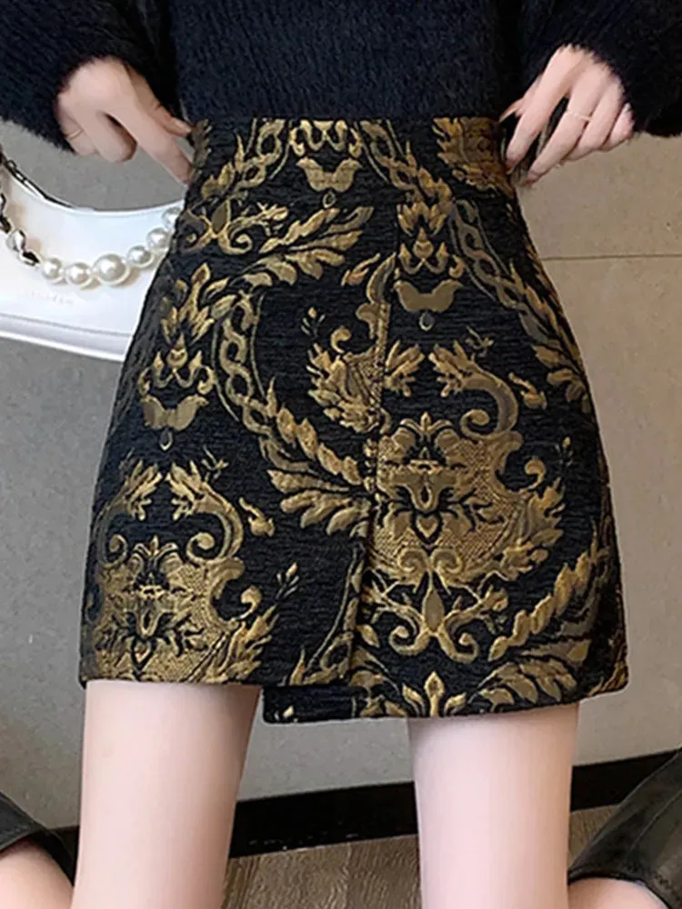 Black Golden Printed Bodycon Mini Skirt