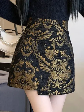 Black Golden Printed Bodycon Mini Skirt