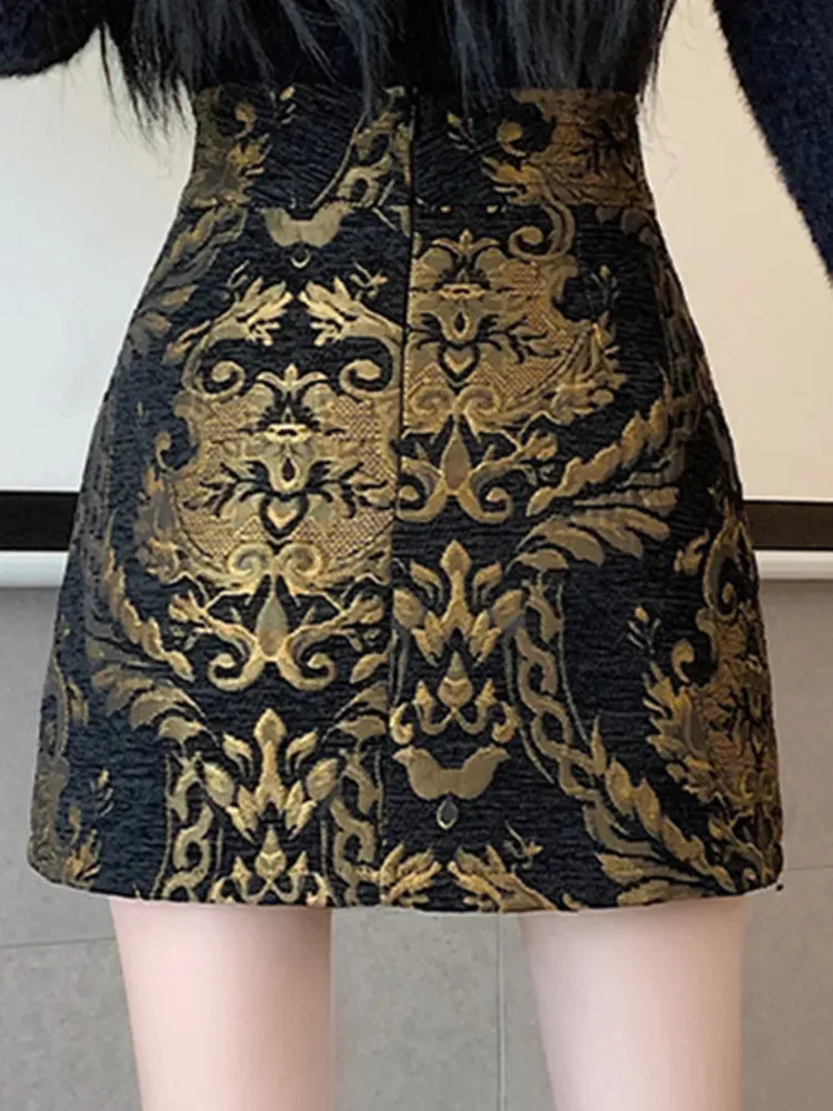 Black Golden Printed Bodycon Mini Skirt