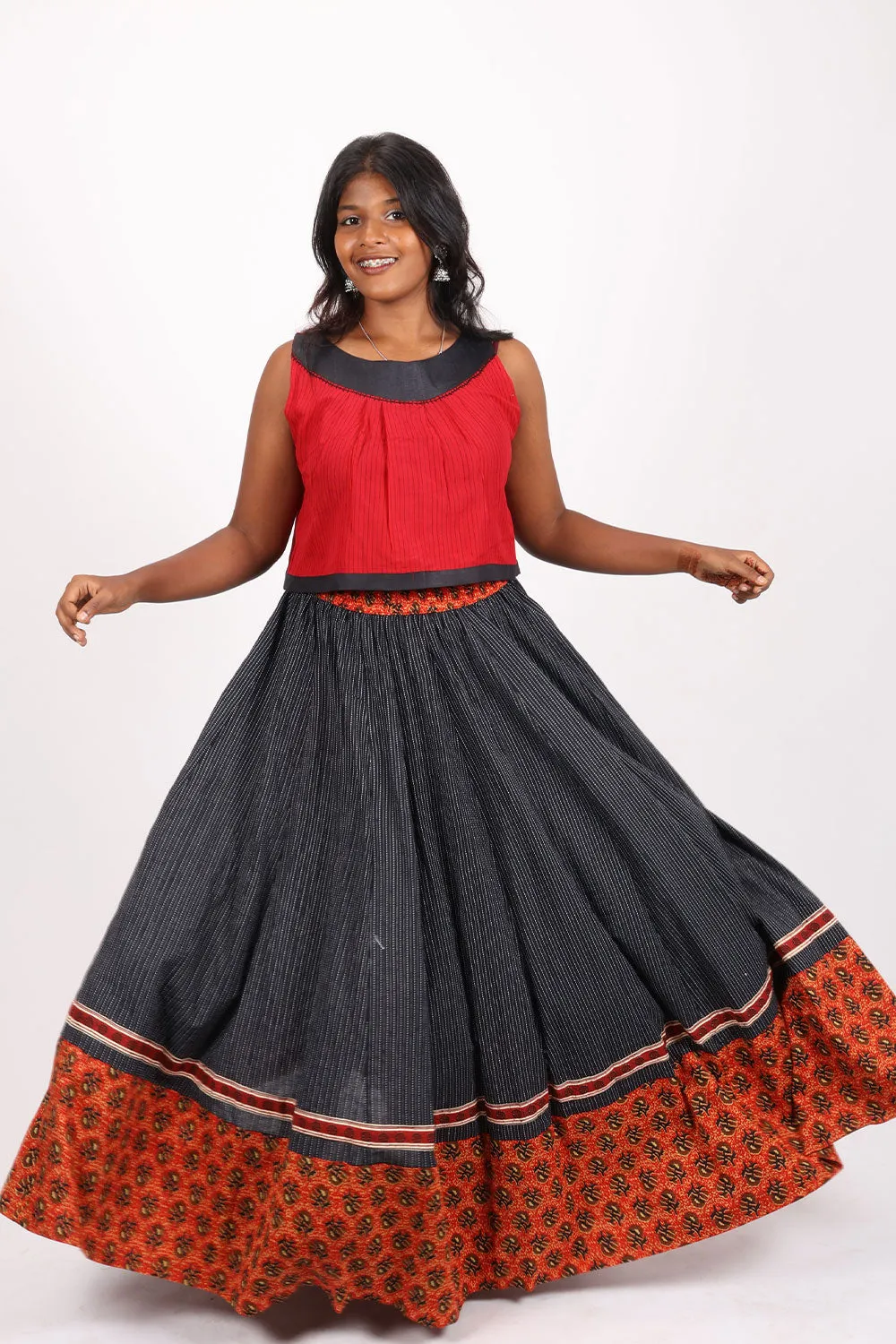 Black Hand Block Printed Cotton Skirt 10065530 (Size-36 to 40)