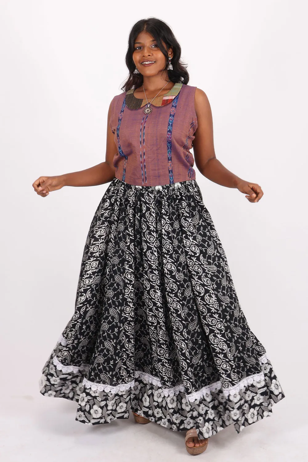 Black Hand Block Printed Cotton Skirt 10065547(Size-36 to 40)