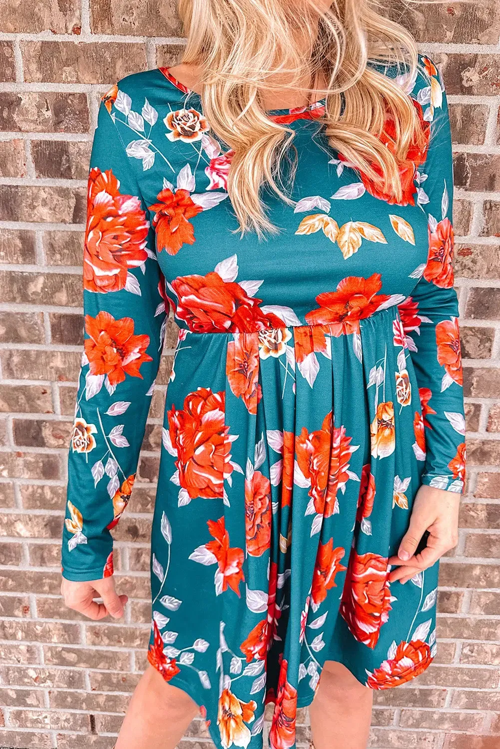 Blue Floral Long Sleeve Mini Dress