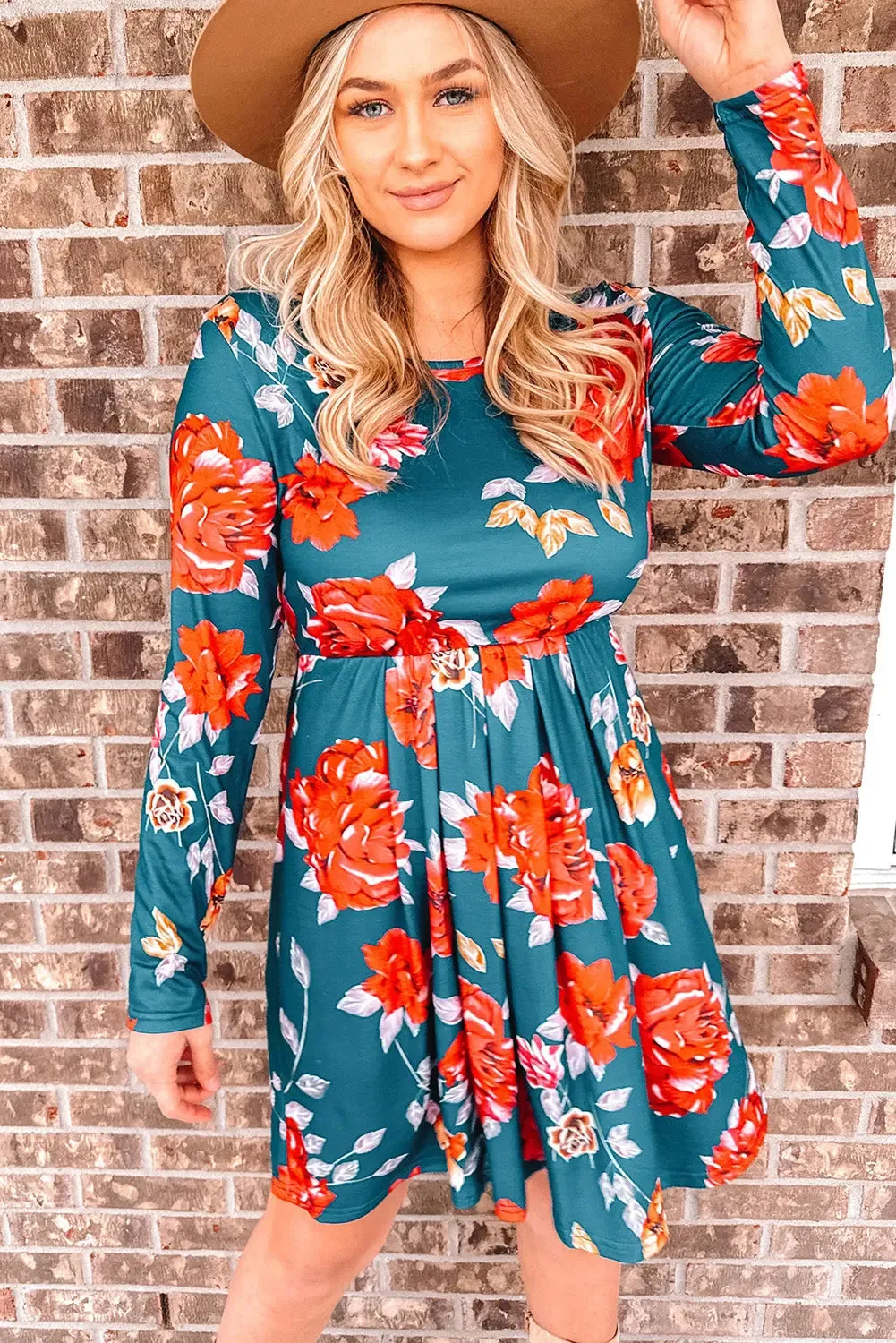 Blue Floral Long Sleeve Mini Dress