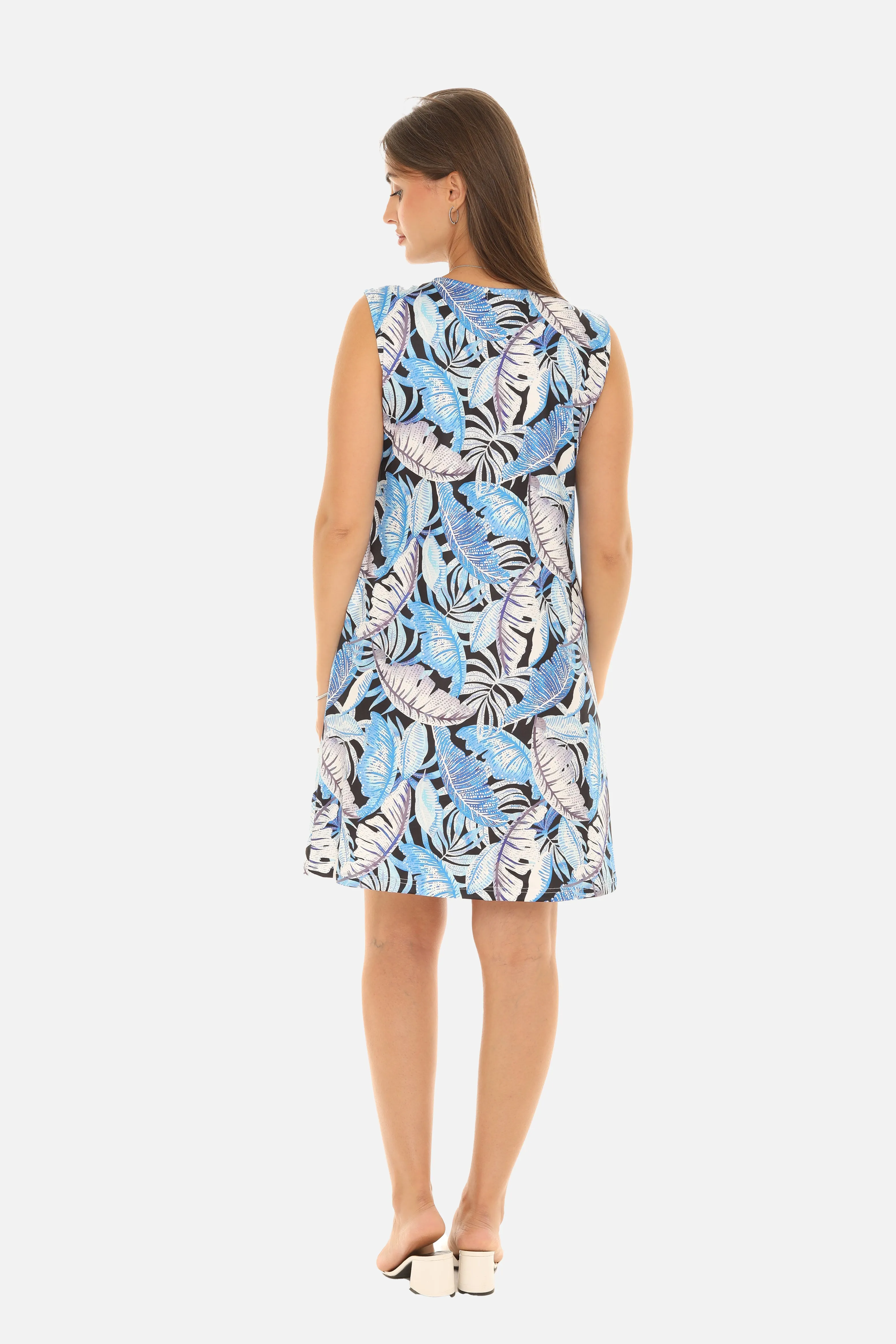 Blue Tropical Leaves Zip-Front Sleeveless V-Neck Dress