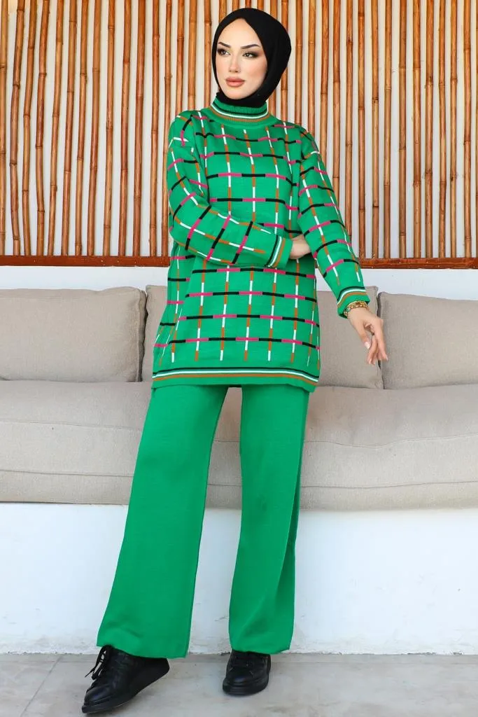 BNG Women Square Patterned Two-Piece Green Suit - Clermont
