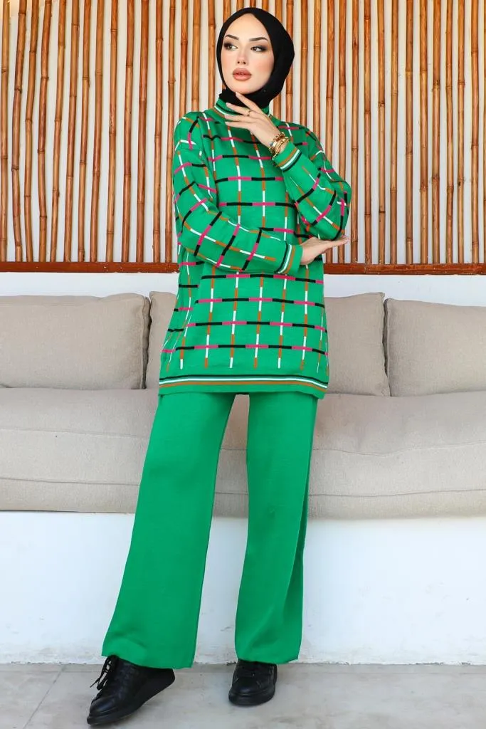 BNG Women Square Patterned Two-Piece Green Suit - Clermont
