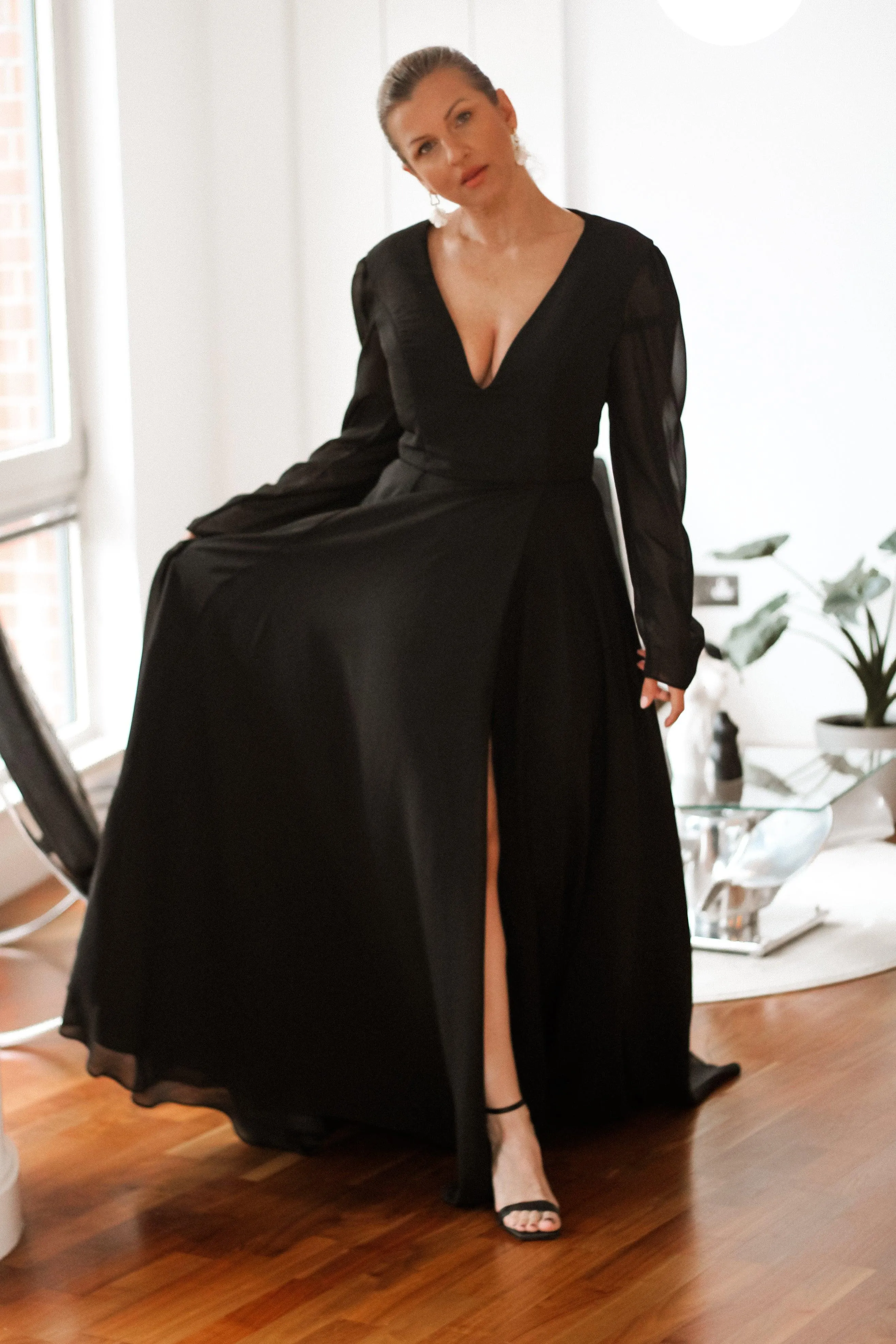 Bohemian Black Chiffon Bridal Gown