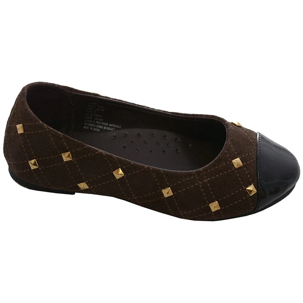 Brown Suede Patent Gold Stud Ballet Flat Shoe Little Girl 11-4