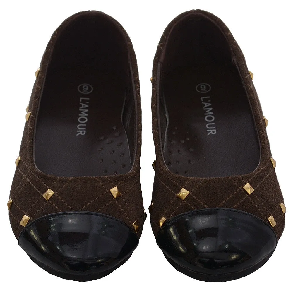 Brown Suede Patent Gold Stud Ballet Flat Shoe Little Girl 11-4
