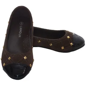 Brown Suede Patent Gold Stud Ballet Flat Shoe Little Girl 11-4