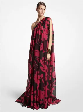 Brushstroke Floral Silk Chiffon One-Shoulder Caftan Gown