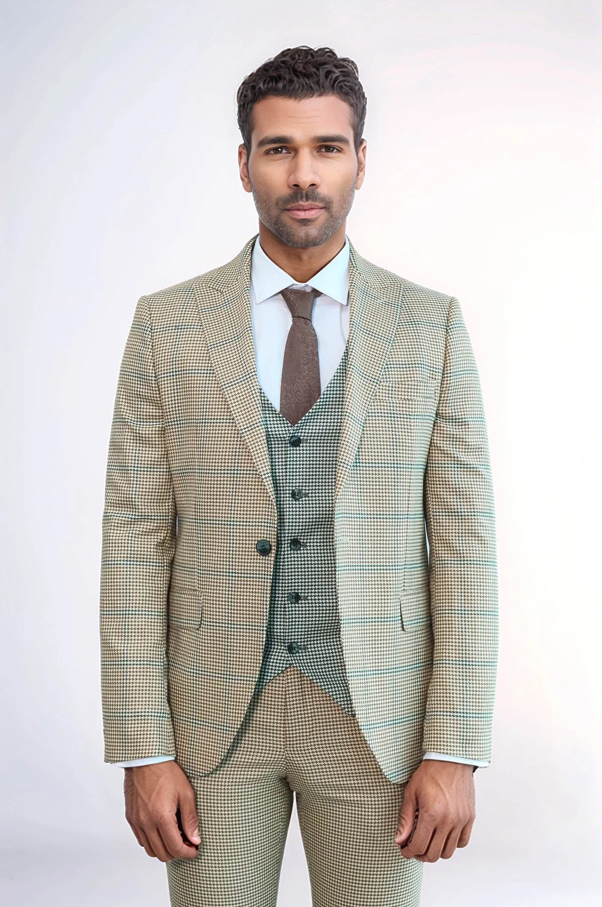 Checked Patterned Slim Fit Beige Men Suit - Wessi