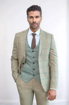 Checked Patterned Slim Fit Beige Men Suit - Wessi